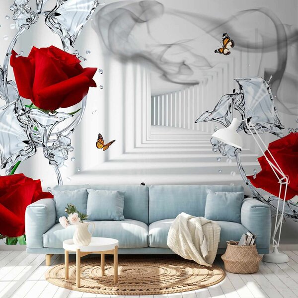 Fototapeta Červené růže a motýli ve sklenici, 3D květinové fototapety, Populární fototapety, u41092 - Tapeko.co.cz