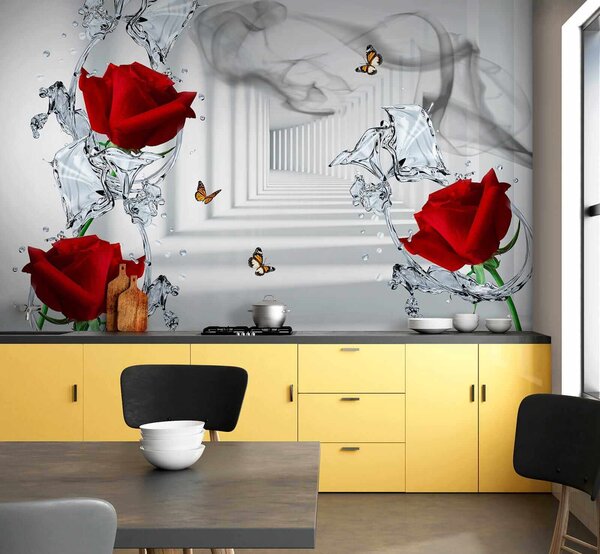 Fototapeta Červené růže a motýli ve sklenici, 3D květinové fototapety, Populární fototapety, u41092 - Tapeko.co.cz