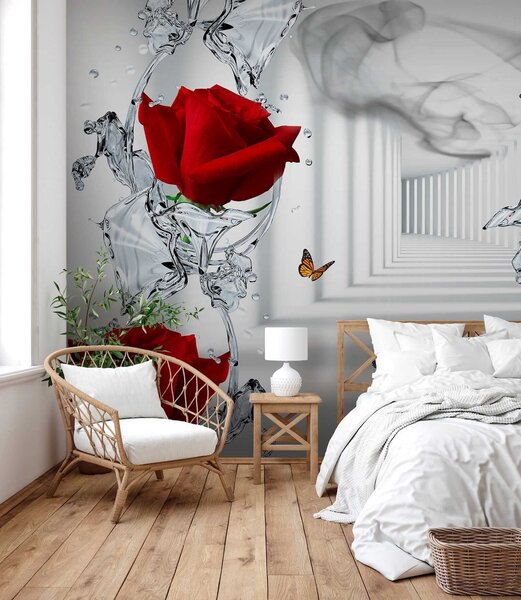 Fototapeta Červené růže a motýli ve sklenici, 3D květinové fototapety, Populární fototapety, u41092 - Tapeko.co.cz