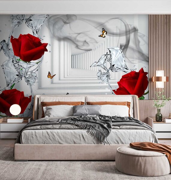 Fototapeta Červené růže a motýli ve sklenici, 3D květinové fototapety, Populární fototapety, u41092 - Tapeko.co.cz