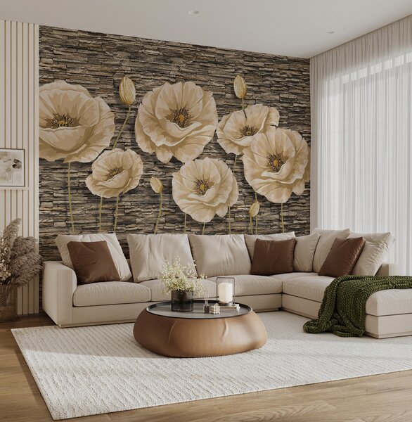 Fototapeta Skupina květin na cihlové zdi, 3D květinové fototapety, Populární fototapety, u41855 - Tapeko.co.cz