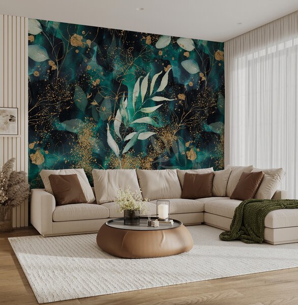 Fototapeta Elegantní tealové listy s třpytivými akcenty, Fototapety s listy, Populární fototapety, u42471 - Tapeko.co.cz