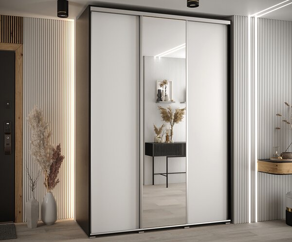 Šatní skříň s posuvnými dveřmi a zrcadlem DAVOS 170cm | Černá / bílá / stříbrné pojezdy