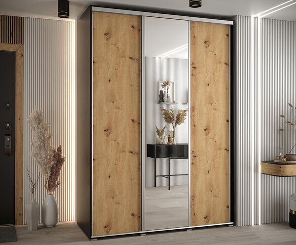 Šatní skříň s posuvnými dveřmi a zrcadlem DAVOS 170cm | Černá / DUB Artisan / stříbrné