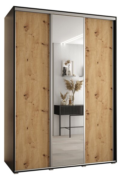 Šatní skříň s posuvnými dveřmi a zrcadlem DAVOS 170cm | Černá / DUB Artisan / stříbrné