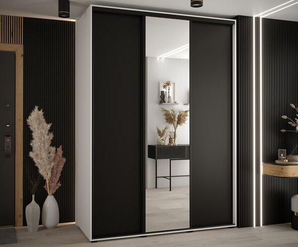 Šatní skříň s posuvnými dveřmi a zrcadlem DAVOS 170cm | Bílá / černá / černé pojezdy