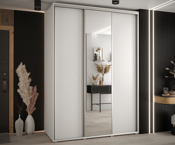 Šatní skříň s posuvnými dveřmi a zrcadlem DAVOS 170cm | Bílá / stříbrné pojezdy