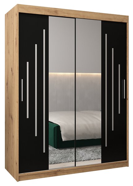 Šatní skříň s posuvnými dveřmi a dvoudílným zrcadlem YORK1 - 150x200cm -Dub Artisan-Černá-