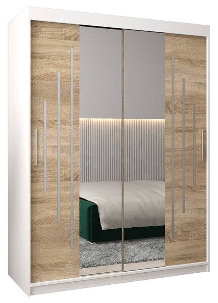 Šatní skříň s posuvnými dveřmi a dvoudílným zrcadlem YORK1 - 150x200cm -Bílá-Dub Sonoma-