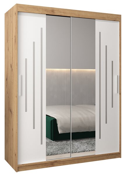 Šatní skříň s posuvnými dveřmi a dvoudílným zrcadlem YORK1 - 150x200cm -Dub Artisan-Bílá-