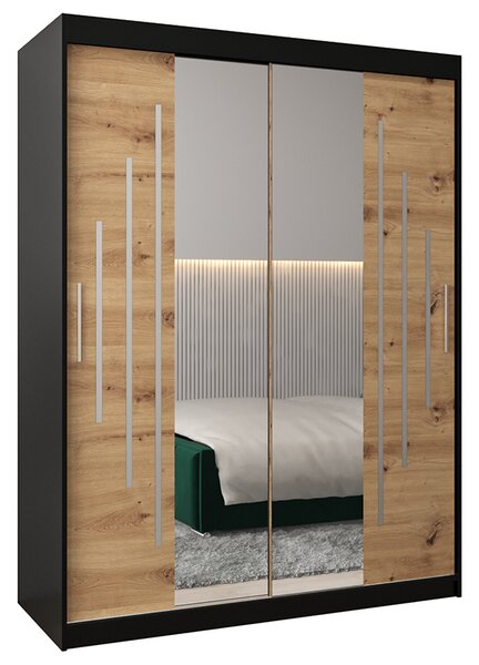 Šatní skříň s posuvnými dveřmi a dvoudílným zrcadlem YORK1 - 150x200cm -Černá-Dub Artisan-