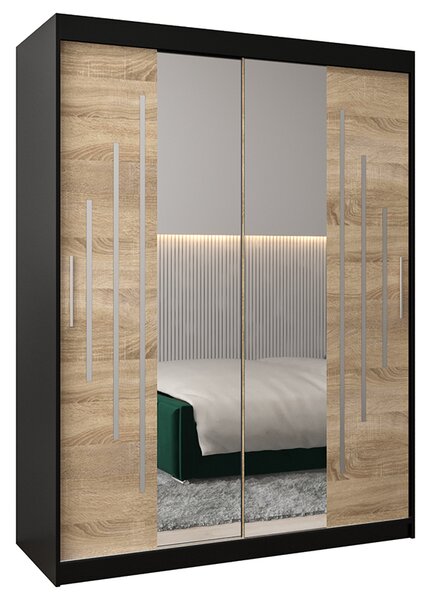 Šatní skříň s posuvnými dveřmi a dvoudílným zrcadlem YORK1 - 150x200cm -Černá-Dub Sonoma-