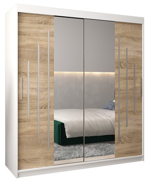 Šatní skříň s posuvnými dveřmi a dvoudílným zrcadlem YORK1 - 180x200cm -Bílá-Dub Sonoma-