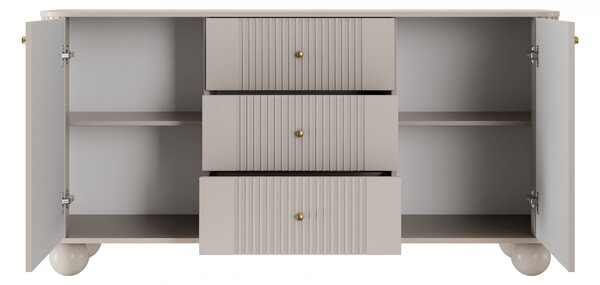 Komoda Versper 160 cm - kašmírová / zlaté úchytky / kulaté nohy kašmír