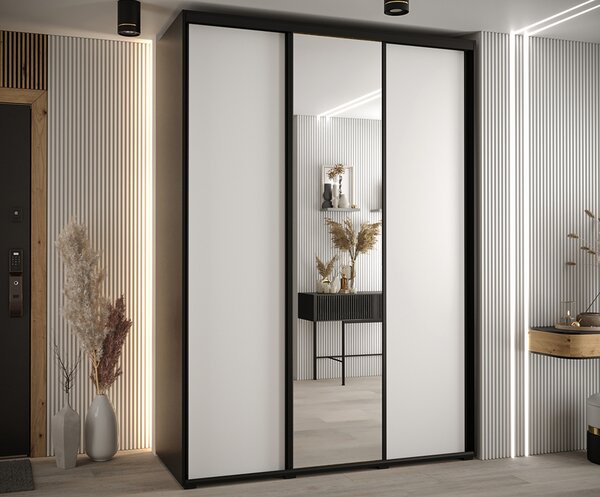 Šatní skříň s posuvnými dveřmi a zrcadlem DAVOS 170cm | Černá / bílá / černé pojezdy