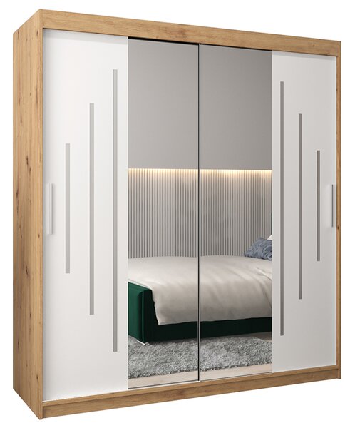 Šatní skříň s posuvnými dveřmi a dvoudílným zrcadlem YORK1 - 180x200cm -Dub Artisan-Bílá-