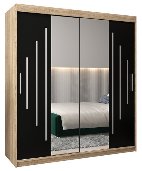 Šatní skříň s posuvnými dveřmi a dvoudílným zrcadlem YORK1 - 180x200cm -Dub Sonoma-Černá-