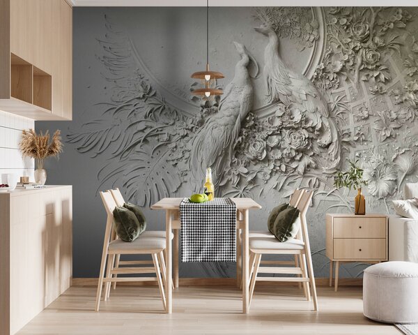 Fototapeta Bílá zeď s několika ptáky a květinami, 3D fototapety, Populární fototapety, u46452 - Tapeko.co.cz