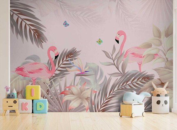 Fototapeta Růžoví plameňáci a květiny, Designové fototapety na zeď, Populární fototapety, u46459 - Tapeko.co.cz