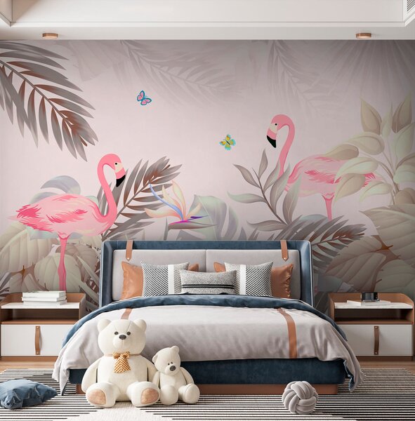 Fototapeta Růžoví plameňáci a květiny, Designové fototapety na zeď, Populární fototapety, u46459 - Tapeko.co.cz
