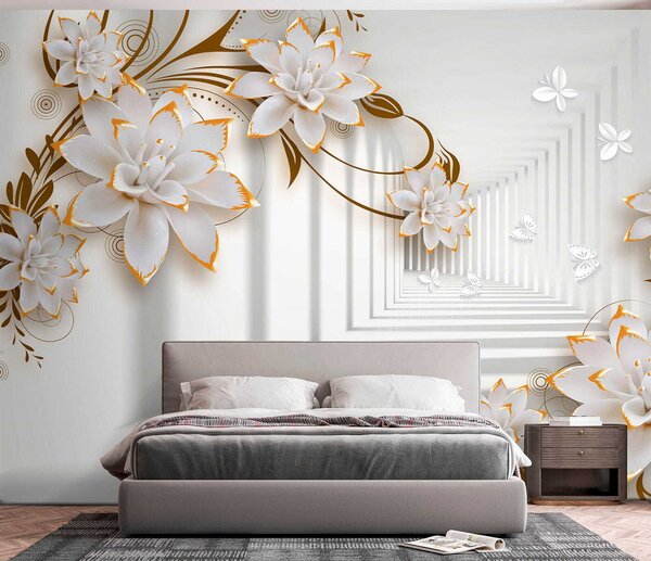 Fototapeta Bílé a oranžové květy na bílém pozadí, 3D fototapety, Populární fototapety, u47046 - Tapeko.co.cz