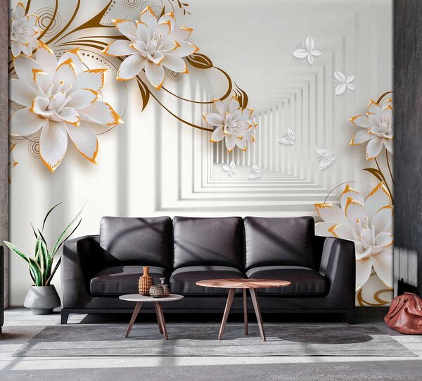 Fototapeta Bílé a oranžové květy na bílém pozadí, 3D fototapety, Populární fototapety, u47046 - Tapeko.co.cz