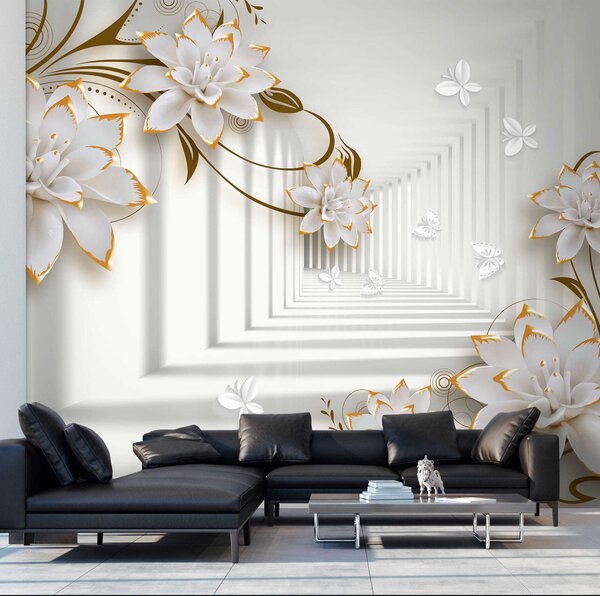Fototapeta Bílé a oranžové květy na bílém pozadí, 3D fototapety, Populární fototapety, u47046 - Tapeko.co.cz