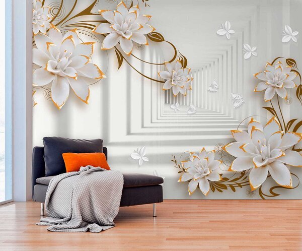 Fototapeta Bílé a oranžové květy na bílém pozadí, 3D fototapety, Populární fototapety, u47046 - Tapeko.co.cz