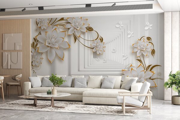 Fototapeta Bílé a oranžové květy na bílém pozadí, 3D fototapety, Populární fototapety, u47046 - Tapeko.co.cz