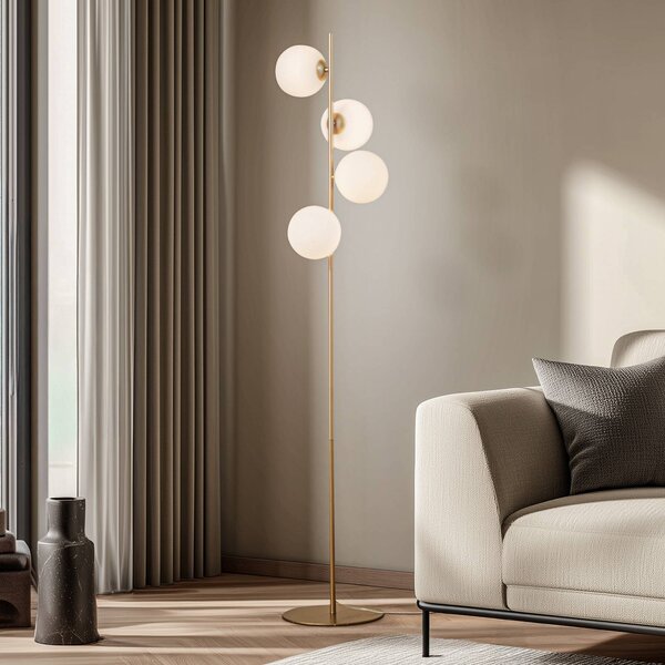 Lucande stojací lampa Isandro, opálová/zlatá, 4ramenná, sklo/kov, Mosaz / zlato, Obývací pokoj / jídelna, kov, Moderní