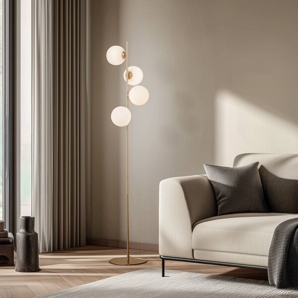 Lucande stojací lampa Isandro, opálová/zlatá, 4ramenná, sklo/kov, Mosaz / zlato, Obývací pokoj / jídelna, kov, Moderní