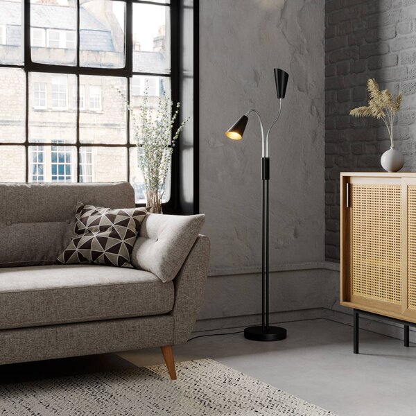 Lucande Stojací lampa Medira, černá, 2 světla, nastavitelná, GU10, Černá, Obývací pokoj / jídelna, kov, Moderní, Lampička na čtení