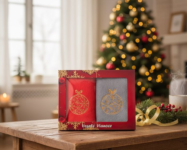 Praktik Dárkový set froté ručníků VÁNOCE 11, baňky, šedo-červená 2x 50x100cm