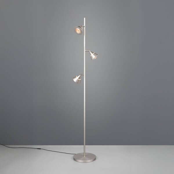 Trio Lighting LED stojací lampa Romeo, výška 150 cm, niklovaný kov, 3 ramena., stmívatelný, Hliník / šedá / zinek, Obývací pokoj / jídelna, kov, Moderní