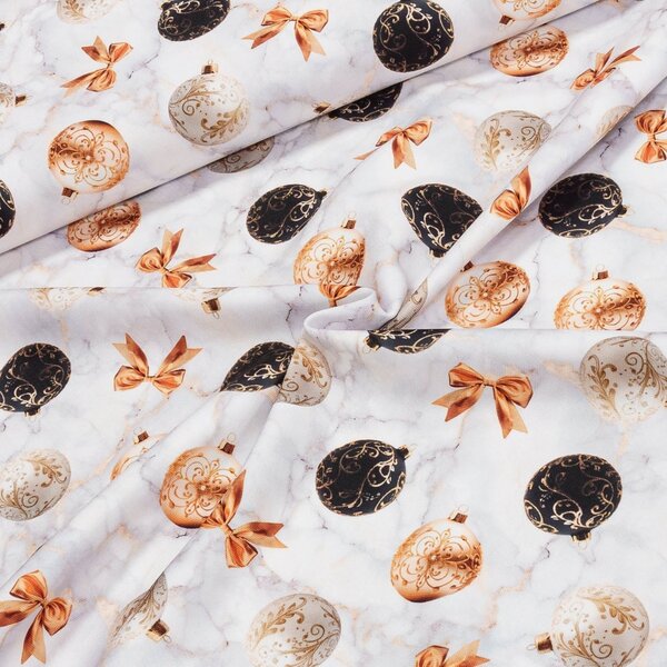 Dekorační látka vánoční / nešpinivá úprava, 26284/101 GARDEN, černé, měděné a bílé baňky, š.150cm (metráž)