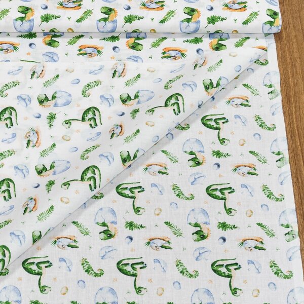 Bavlněné plátno dětské ANIKA dinosauři na bílé, š.160cm (látka v metráži)