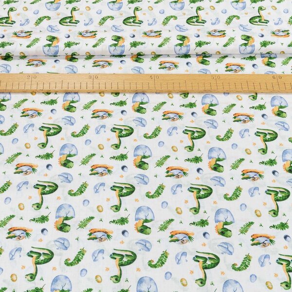 Bavlněné plátno dětské ANIKA dinosauři na bílé, š.160cm (látka v metráži)