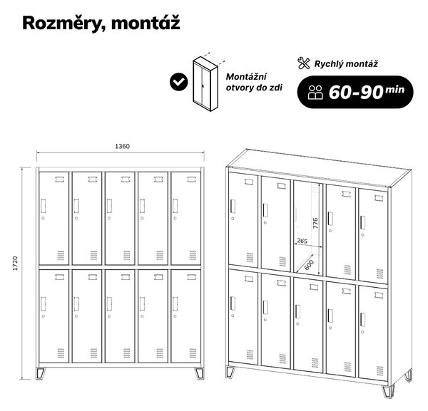 Šatní skříň kovová zaměstnanecká hluboká 10-dveřová, antracitová, 1360x1720x600 mm: BARTEK D600