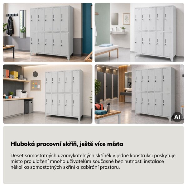 Šatní skříň kovová zaměstnanecká hluboká 10-dveřová, šedá, 1360x1720x600 mm: BARTEK D600