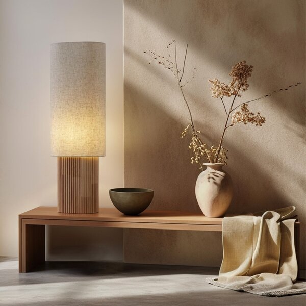 Japandi stojací lampa dřevěná s lněným stínidlem 90 cm - Lamel