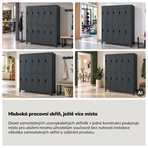 Šatní skříň kovová zaměstnanecká hluboká 10-dveřová, antracitová, 1360x1720x600 mm: BARTEK D600