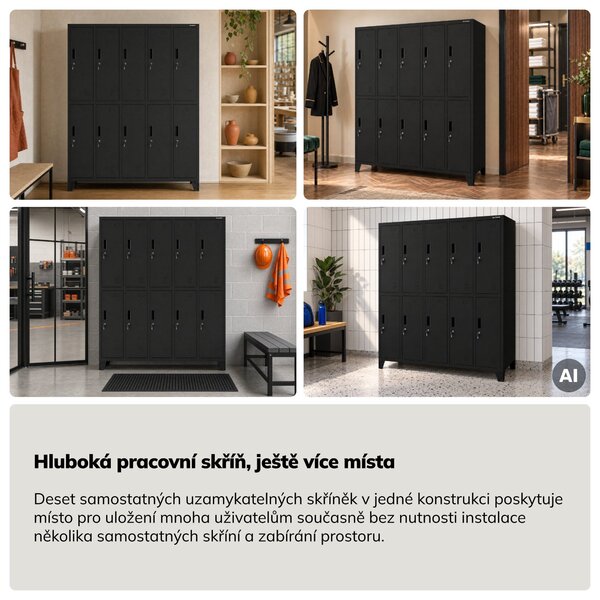 Šatní skříň kovová zaměstnanecká hluboká 10-dveřová, černá, 1360x1720x600 mm: BARTEK D600