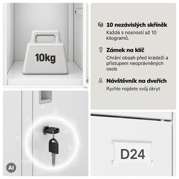 Šatní skříň kovová zaměstnanecká hluboká 10-dveřová, bílá, 1360x1720x600 mm: BARTEK D600
