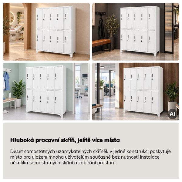 Šatní skříň kovová zaměstnanecká hluboká 10-dveřová, bílá, 1360x1720x600 mm: BARTEK D600