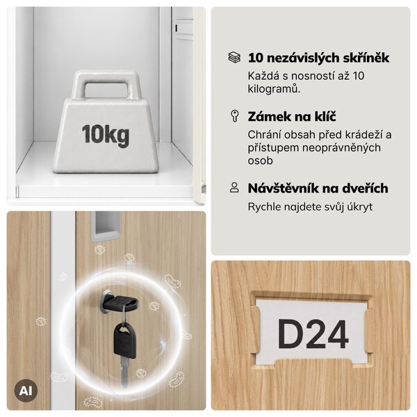 Šatní skříň kovová zaměstnanecká hluboká 10-dveřová, bílá/dub sonoma, 1360x1720x600 mm: BARTEK D600