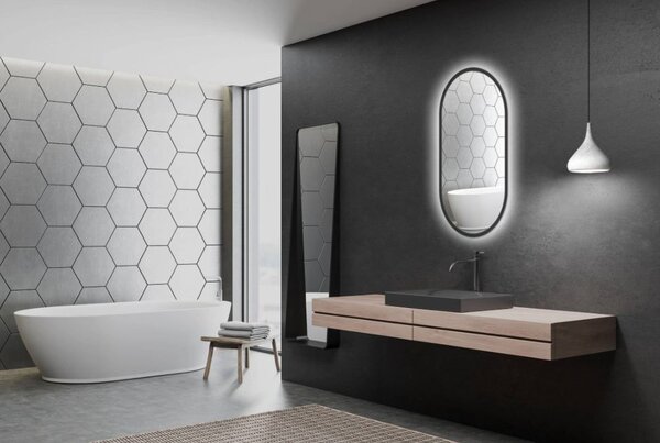 Venti Oslo zrcadlo 50x90 cm oválný s osvětlením černá 5907722357519