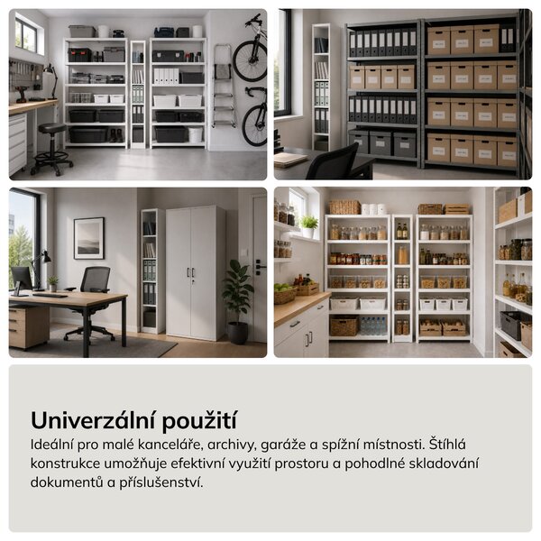 Úzký kovový archivační regál na dokumenty bílý, 250x1950x450 mm: TIM
