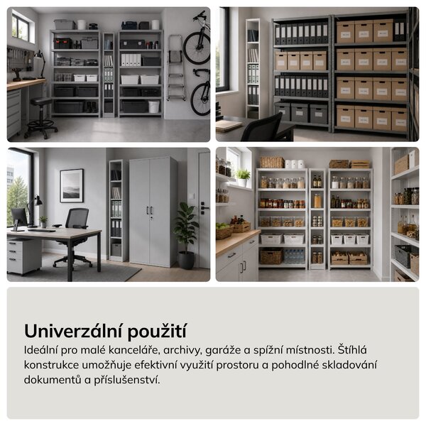 Úzký kovový archivační regál na dokumenty šedý, 250x1950x400 mm: TIM