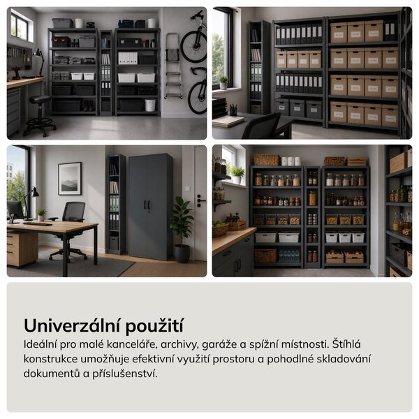 Úzký kovový archivační regál na dokumenty antracitový, 250x1950x450 mm: TIM