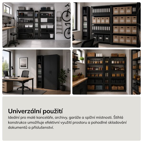 Úzký kovový archivační regál na dokumenty černý, 250x1950x450 mm: TIM